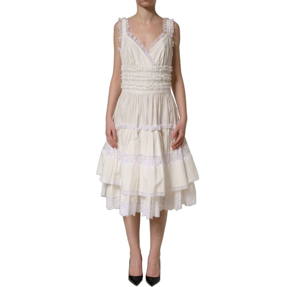 Dolce & Gabbana White Cotton Poplin Ruffled Midi Women's Dress